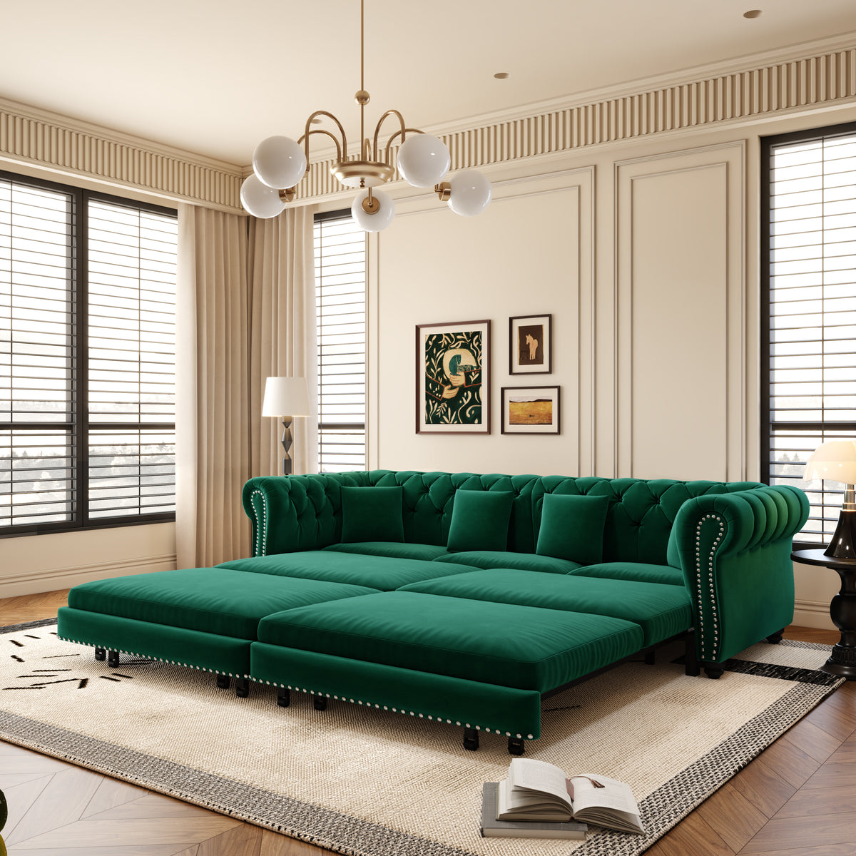 89" 3-Seater Velvet Chesterfield Sofa Bed with Movable Ottoman