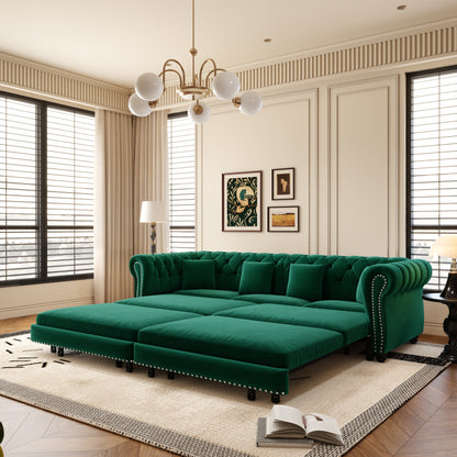 89" 3-Seater Velvet Chesterfield Sofa Bed with Movable Ottoman