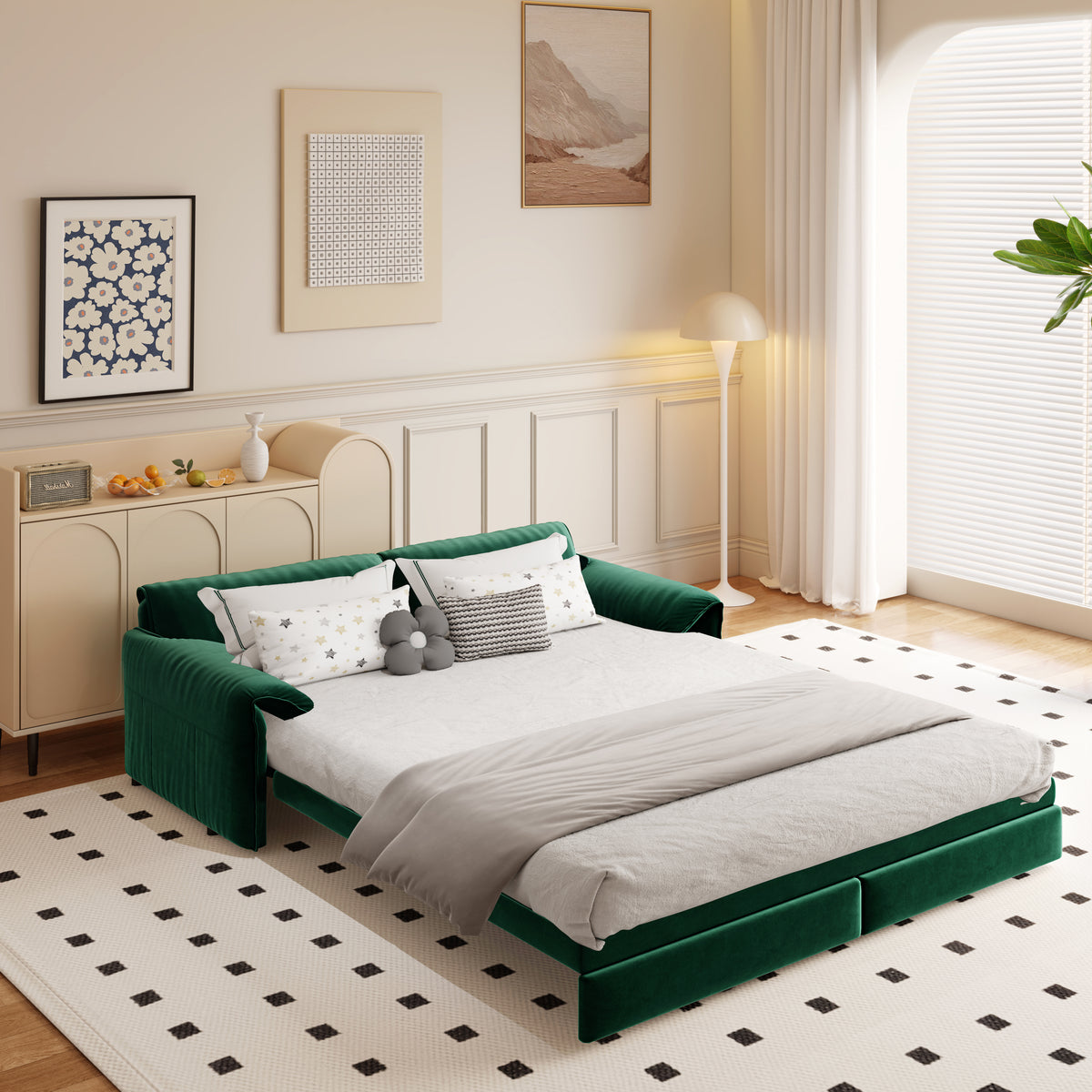 Queen Pull-Out Velvet Sleeper Sofa, 3-in-1 Convertible Bed with Side Storage