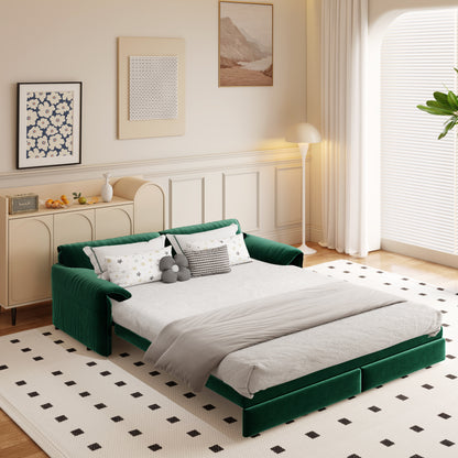 Queen Pull-Out Velvet Sleeper Sofa, 3-in-1 Convertible Bed with Side Storage