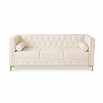White Faux Leather Couch, Modern Tufted 3-Seat Sofa with Decorative Pillows, Metal Legs and High-Rebound Sponge Comfort for Home
