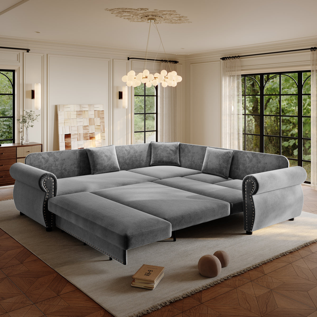 88.2" L-Shaped Chenille Sectional Sofa with Pull-Out Bed & Rolled Arm