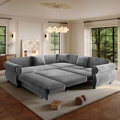 88.2" L-Shaped Chenille Sectional Sofa with Pull-Out Bed & Rolled Arm