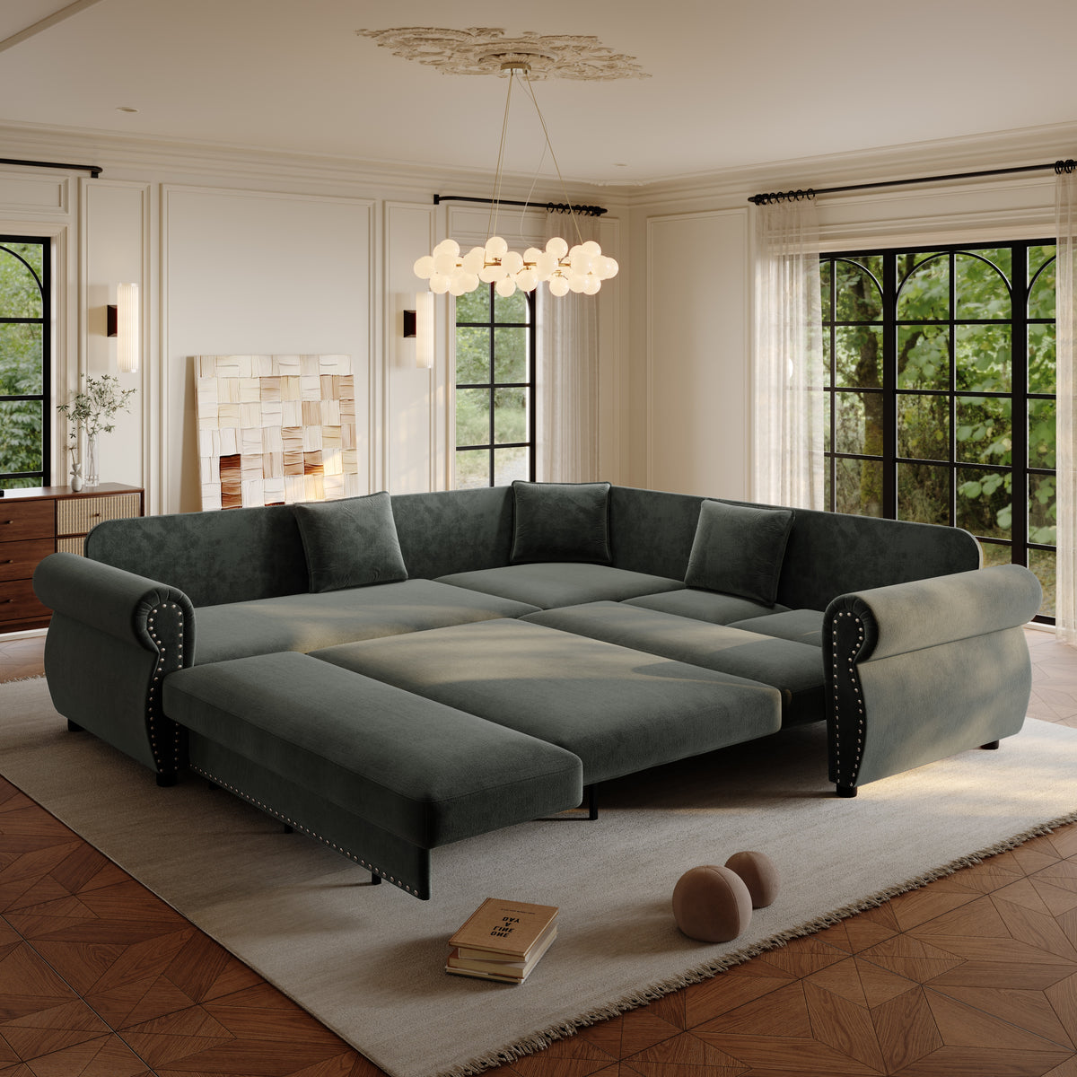 88.2" L-Shaped Chenille Sectional Sofa with Pull-Out Bed & Rolled Arm