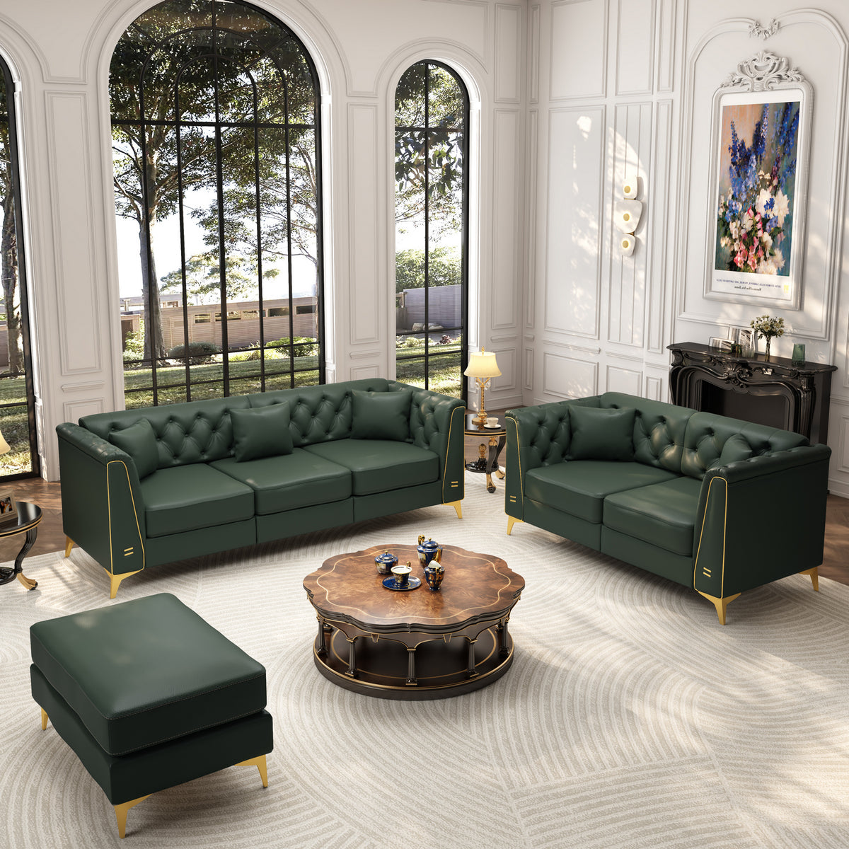 5 Pillows Light Luxury Chesterfield Sofa, Faux Leather, Metal Trim Armrests, Button Tufting & Thin Metal Legs
