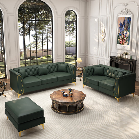5 Pillows Light Luxury Chesterfield Sofa, Faux Leather, Metal Trim Armrests, Button Tufting & Thin Metal Legs