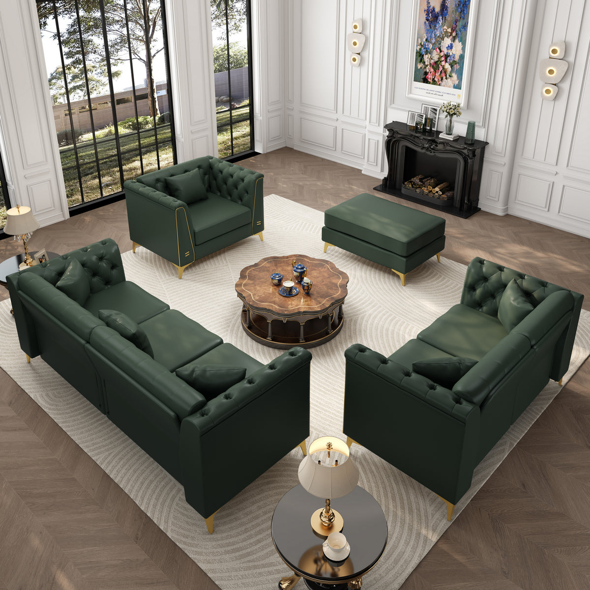 6 Pillows Light Luxury Chesterfield Sofa, Faux Leather, Thin Metal Legs, Metal Trim Armrests & Button Tufting
