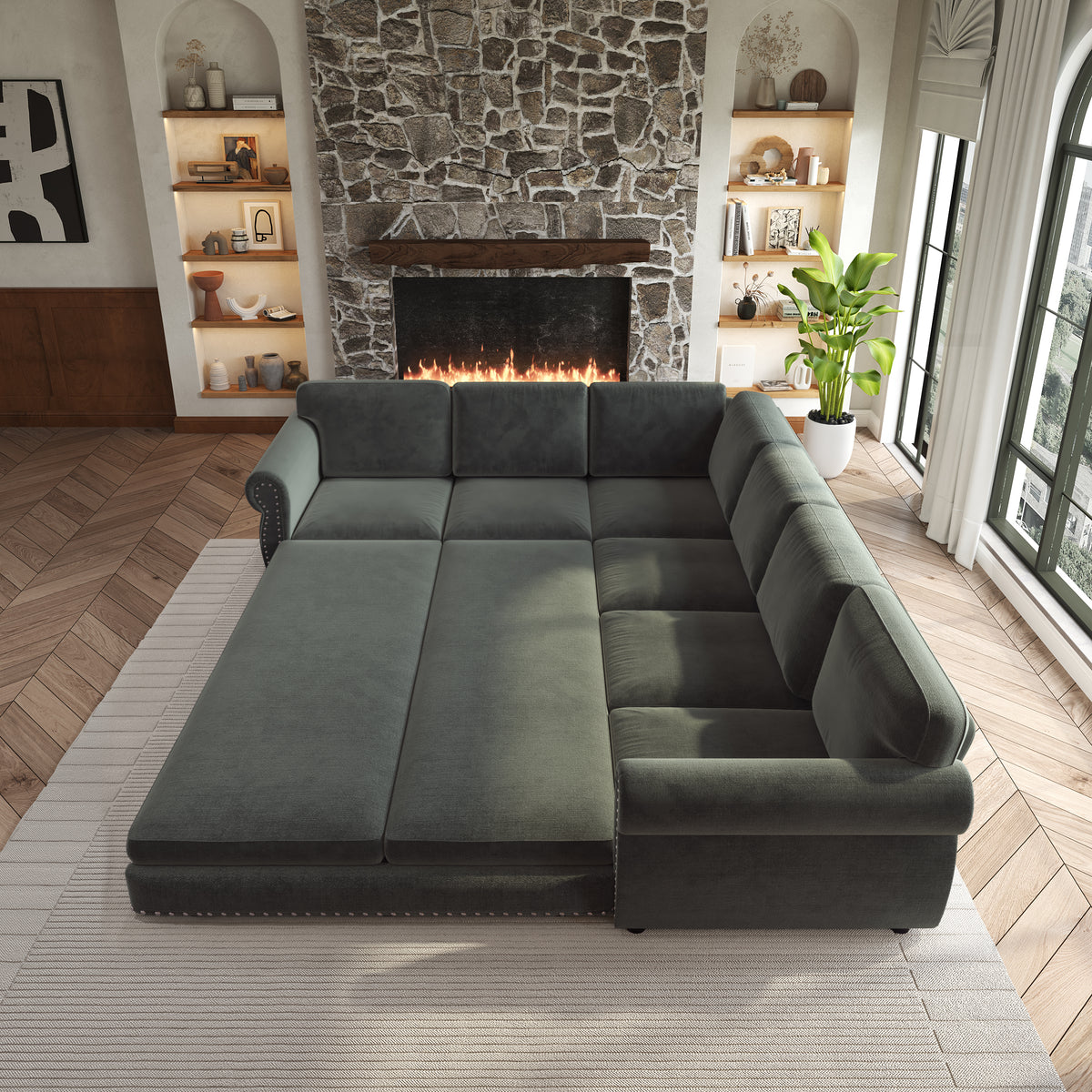 L-Shaped Chenille Sectional Sofa with Pull-Out Bed & Rolled Arm
