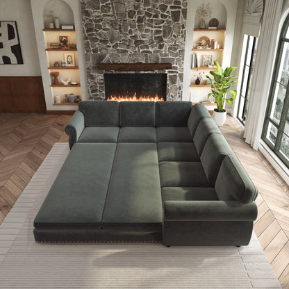 L-Shaped Chenille Sectional Sofa with Pull-Out Bed & Rolled Arm