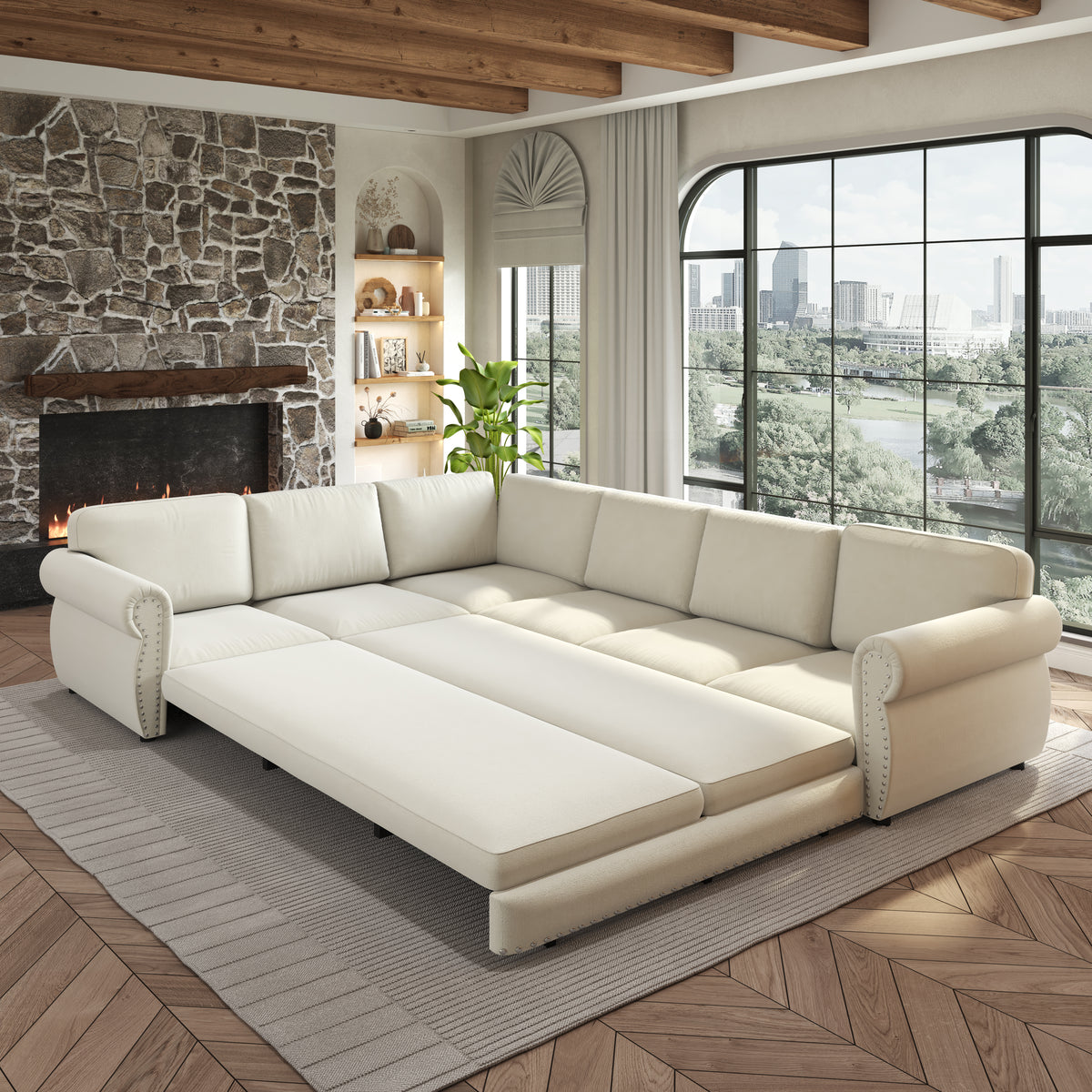 L-Shaped Chenille Sectional Sofa with Pull-Out Bed & Rolled Arm