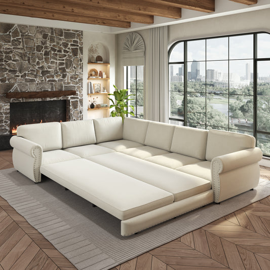 L-Shaped Chenille Sectional Sofa with Pull-Out Bed & Rolled Arm