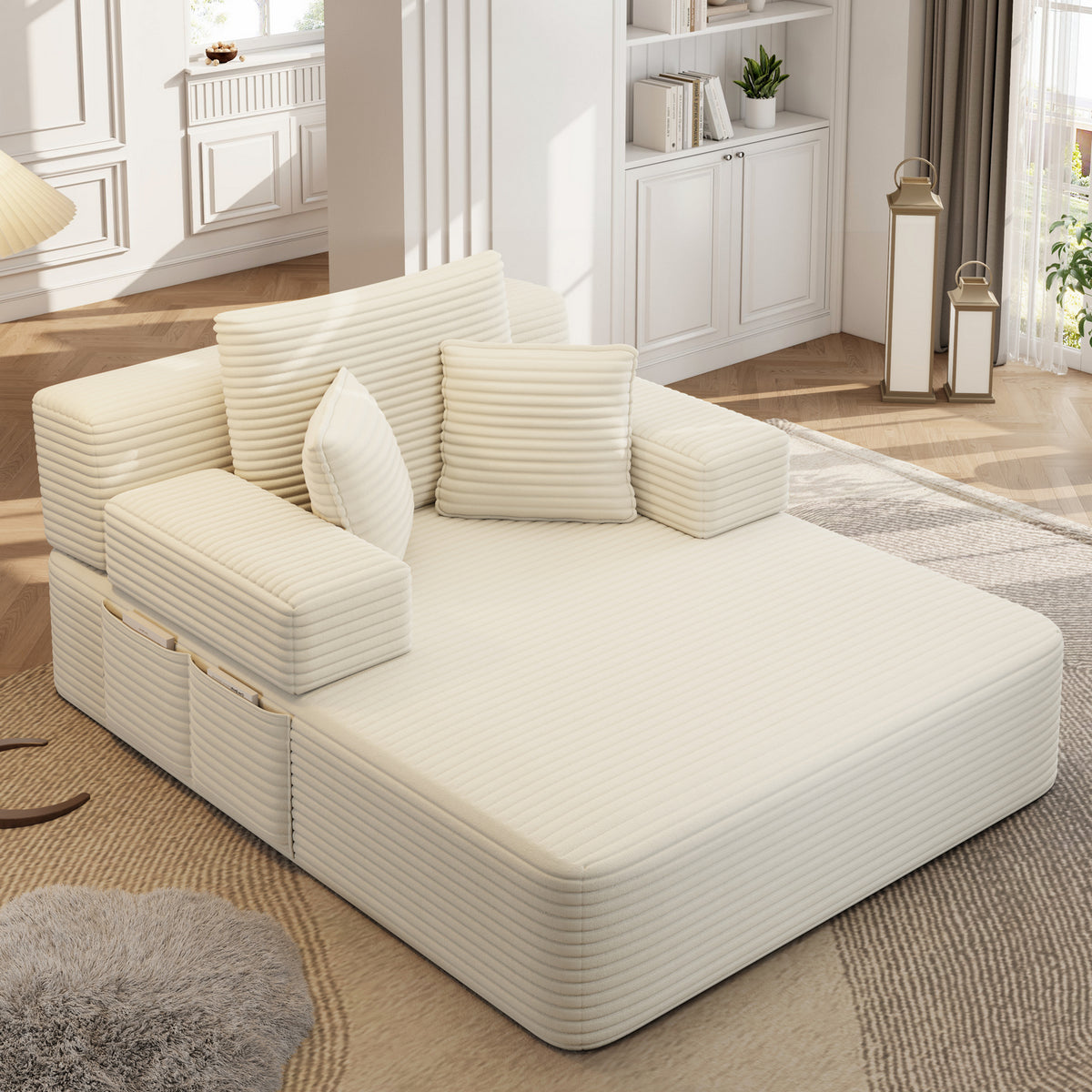 Oversized Plush Corduroy Chaise Lounge Sofa, Convertible Sleeper Couch Bed with Storage Pockets & 3 Pillows
