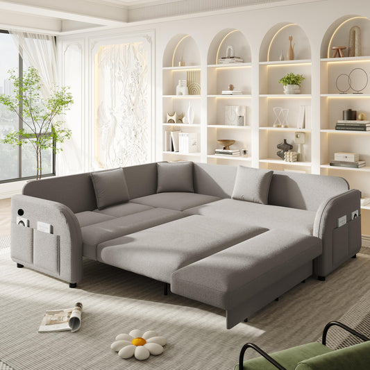85.1" L-Shaped Chenille Sectional Sofa with Pull-Out Bed, Side Pocket & USB Port