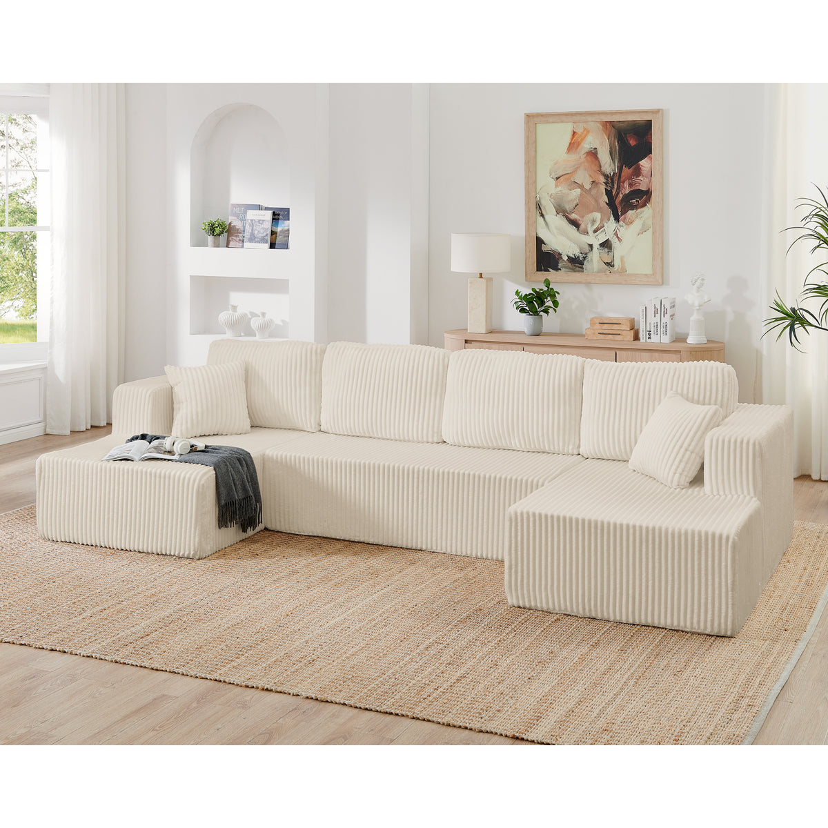 U-Shaped Modular Corduroy Sectional Sofa, Compressed Sleeper Couch