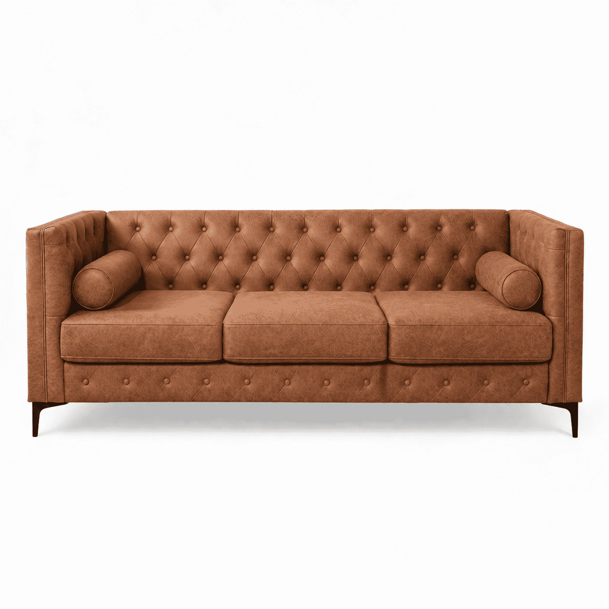 Brown Leather Sofa, Classic 3-Seater Living Room Couch with Button Tufted Design, Pocket Spring Cushion and Sturdy Wood Frame