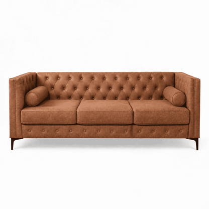 Brown Leather Sofa, Classic 3-Seater Living Room Couch with Button Tufted Design, Pocket Spring Cushion and Sturdy Wood Frame