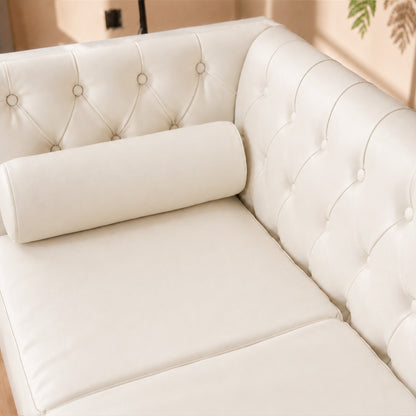 White Faux Leather Couch, Modern Tufted 3-Seat Sofa with Decorative Pillows, Metal Legs and High-Rebound Sponge Comfort for Home
