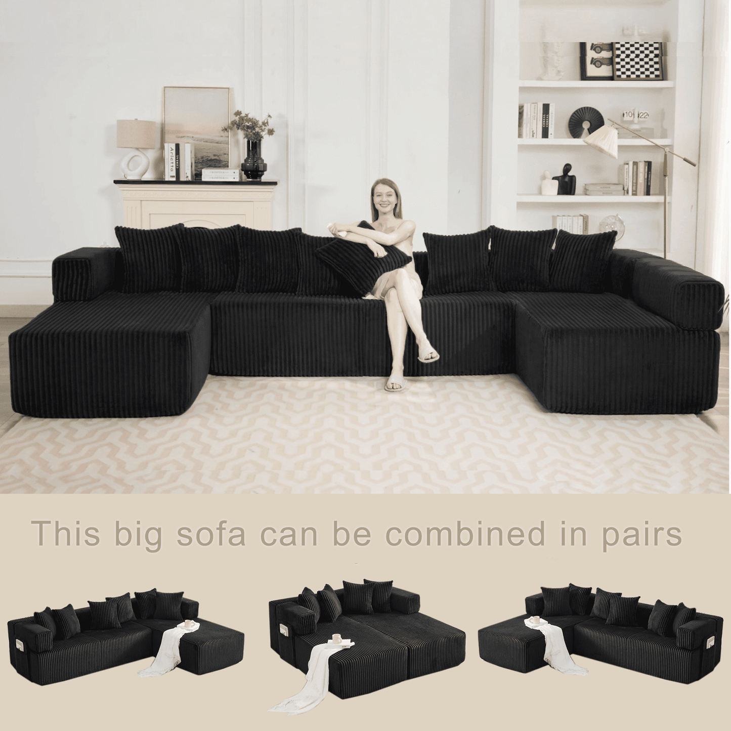 Black 6-Seat U-Shaped Sleeper Sectional Sofa – Convertible Corduroy Modular Couch with 8 Pillows & Storage Pocket