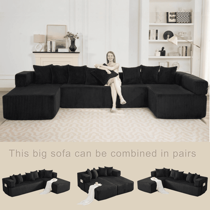 Black 6-Seat U-Shaped Sleeper Sectional Sofa – Convertible Corduroy Modular Couch with 8 Pillows & Storage Pocket