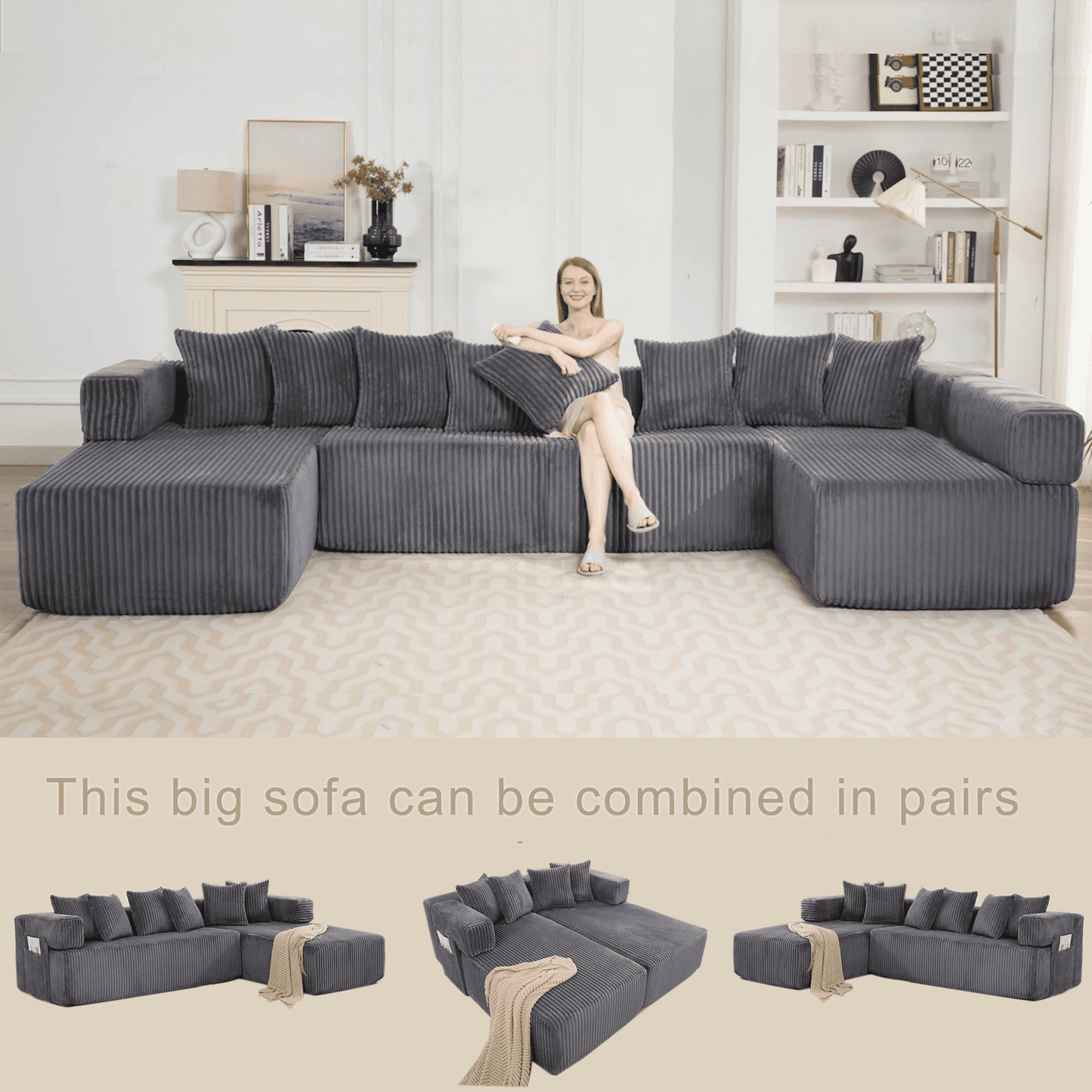 Dark Gray Oversized Modular Sectional Sofa – 6-Seat Convertible L-Shaped Corduroy Couch with Free Combination Design