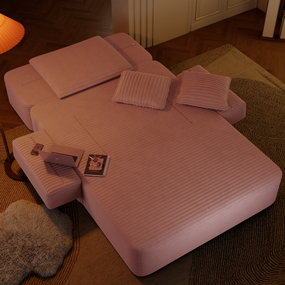 Oversized Plush Corduroy Chaise Lounge Sofa, Convertible Sleeper Couch Bed with Storage Pockets & 3 Pillows