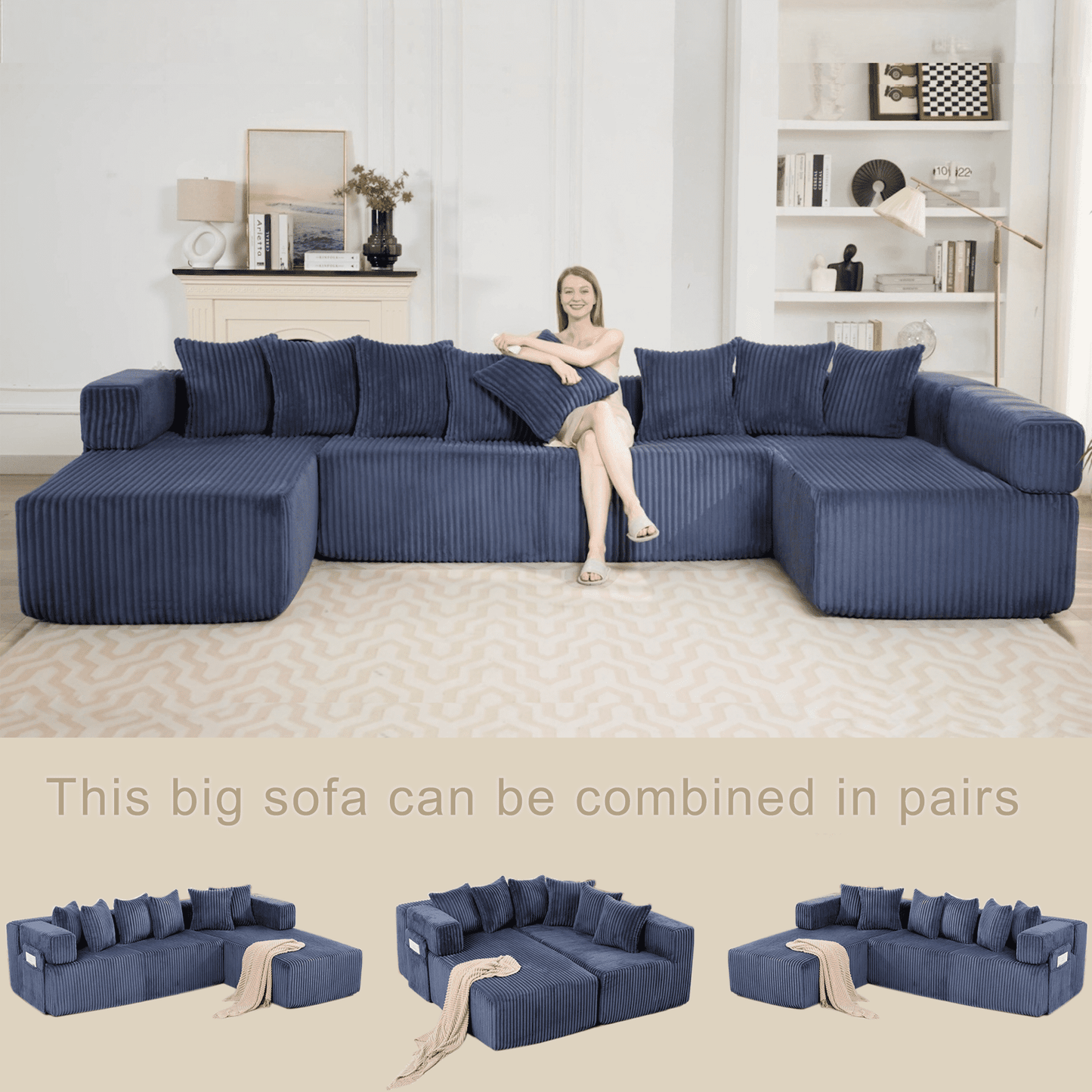 Blue Convertible Modular Sofa – 6-Seat U-Shaped Corduroy Sectional Couch with Magazine Bag & Flexible Layout