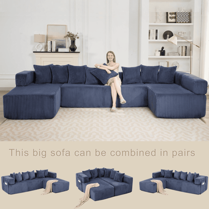 Blue Convertible Modular Sofa – 6-Seat U-Shaped Corduroy Sectional Couch with Magazine Bag & Flexible Layout