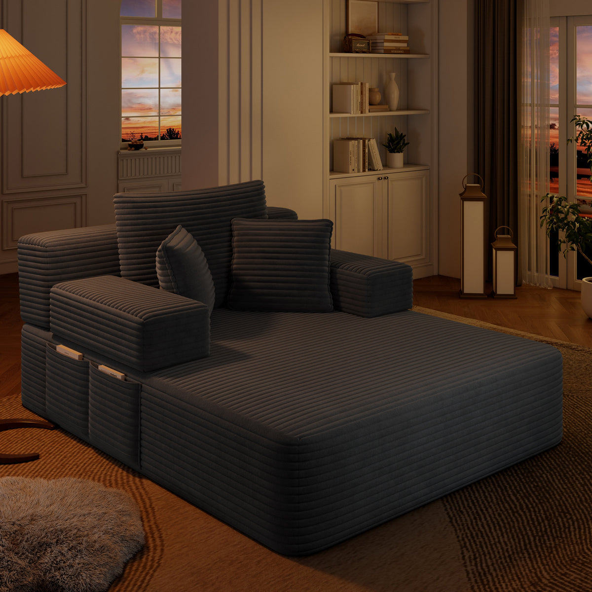 Oversized Plush Corduroy Chaise Lounge Sofa, Convertible Sleeper Couch Bed with Storage Pockets & 3 Pillows