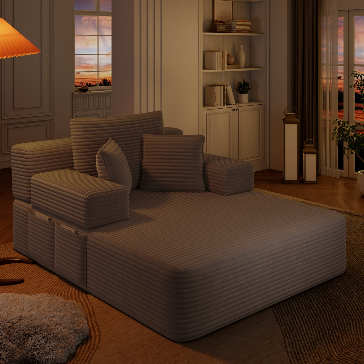 Oversized Plush Corduroy Chaise Lounge Sofa, Convertible Sleeper Couch Bed with Storage Pockets & 3 Pillows