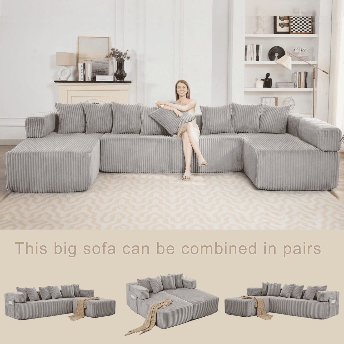 Light Gray 6-Seat U-Shaped Modular Sectional Sofa – Plush Corduroy Sleeper Couch with 8 Pillows & Flexible Configuration