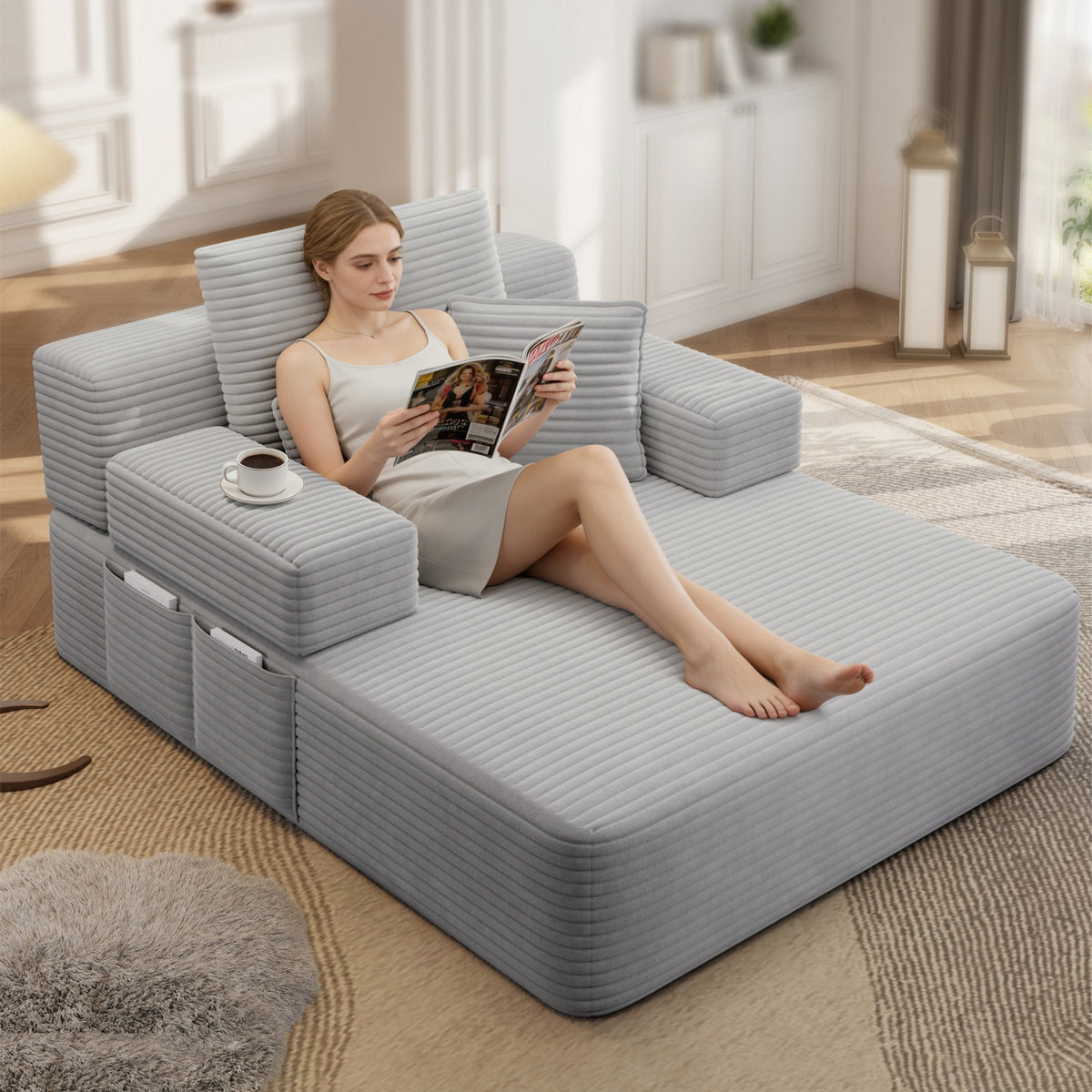 Oversized Plush Corduroy Chaise Lounge Sofa, Convertible Sleeper Couch Bed with Storage Pockets & 3 Pillows