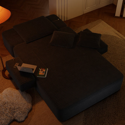 Oversized Plush Corduroy Chaise Lounge Sofa, Convertible Sleeper Couch Bed with Storage Pockets & 3 Pillows