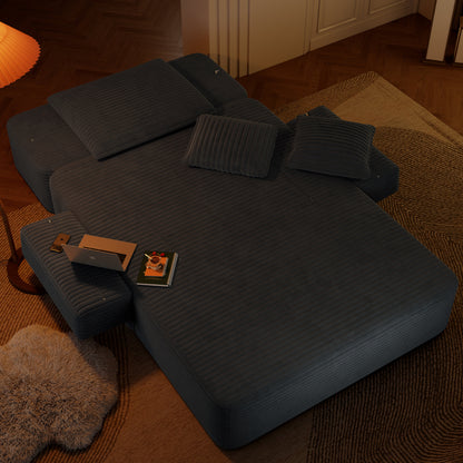 Oversized Plush Corduroy Chaise Lounge Sofa, Convertible Sleeper Couch Bed with Storage Pockets & 3 Pillows