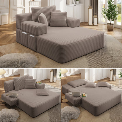 Oversized Plush Corduroy Chaise Lounge Sofa, Convertible Sleeper Couch Bed with Storage Pockets & 3 Pillows