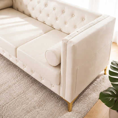 White Faux Leather Couch, Modern Tufted 3-Seat Sofa with Decorative Pillows, Metal Legs and High-Rebound Sponge Comfort for Home