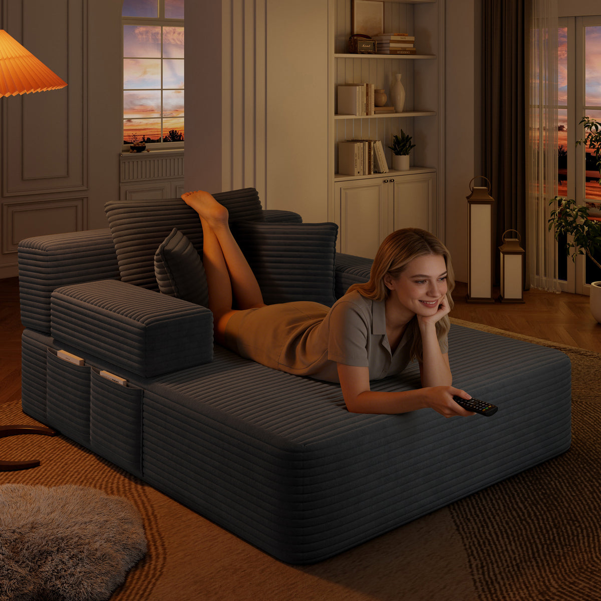 Oversized Plush Corduroy Chaise Lounge Sofa, Convertible Sleeper Couch Bed with Storage Pockets & 3 Pillows