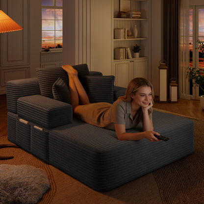 Oversized Plush Corduroy Chaise Lounge Sofa, Convertible Sleeper Couch Bed with Storage Pockets & 3 Pillows