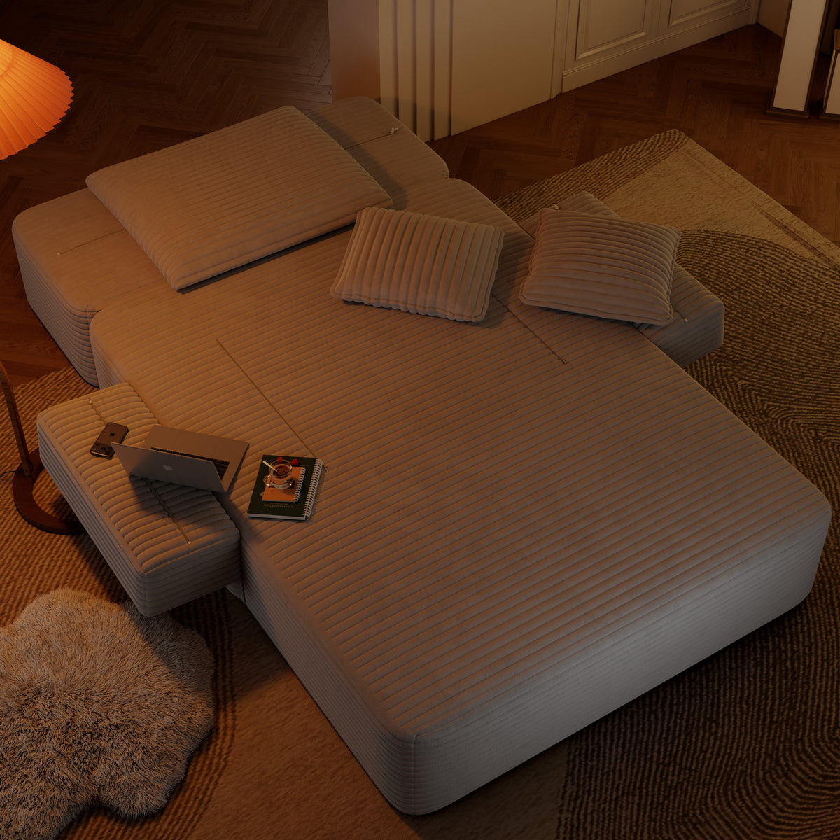 Oversized Plush Corduroy Chaise Lounge Sofa, Convertible Sleeper Couch Bed with Storage Pockets & 3 Pillows