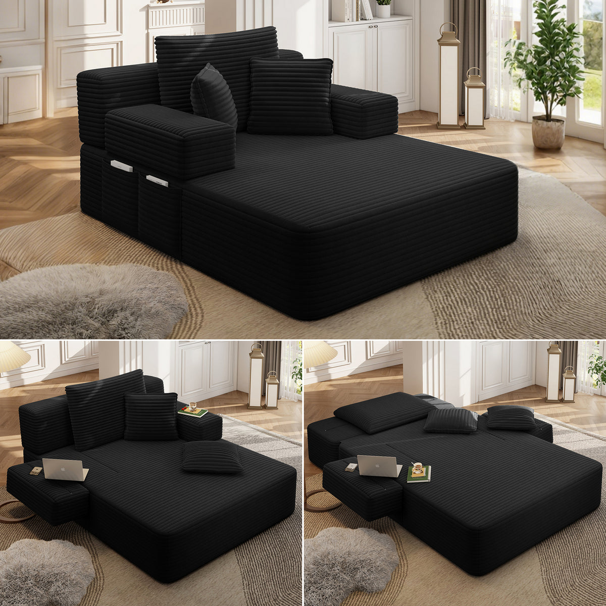Oversized Plush Corduroy Chaise Lounge Sofa, Convertible Sleeper Couch Bed with Storage Pockets & 3 Pillows