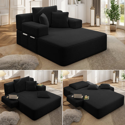Oversized Plush Corduroy Chaise Lounge Sofa, Convertible Sleeper Couch Bed with Storage Pockets & 3 Pillows