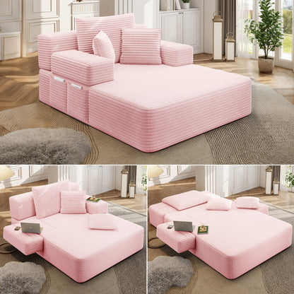 Oversized Plush Corduroy Chaise Lounge Sofa, Convertible Sleeper Couch Bed with Storage Pockets & 3 Pillows