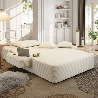 Oversized Plush Corduroy Chaise Lounge Sofa, Convertible Sleeper Couch Bed with Storage Pockets & 3 Pillows