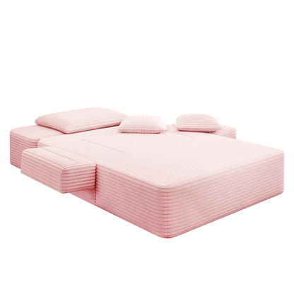 Oversized Plush Corduroy Chaise Lounge Sofa, Convertible Sleeper Couch Bed with Storage Pockets & 3 Pillows