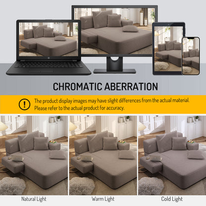 Oversized Plush Corduroy Chaise Lounge Sofa, Convertible Sleeper Couch Bed with Storage Pockets & 3 Pillows