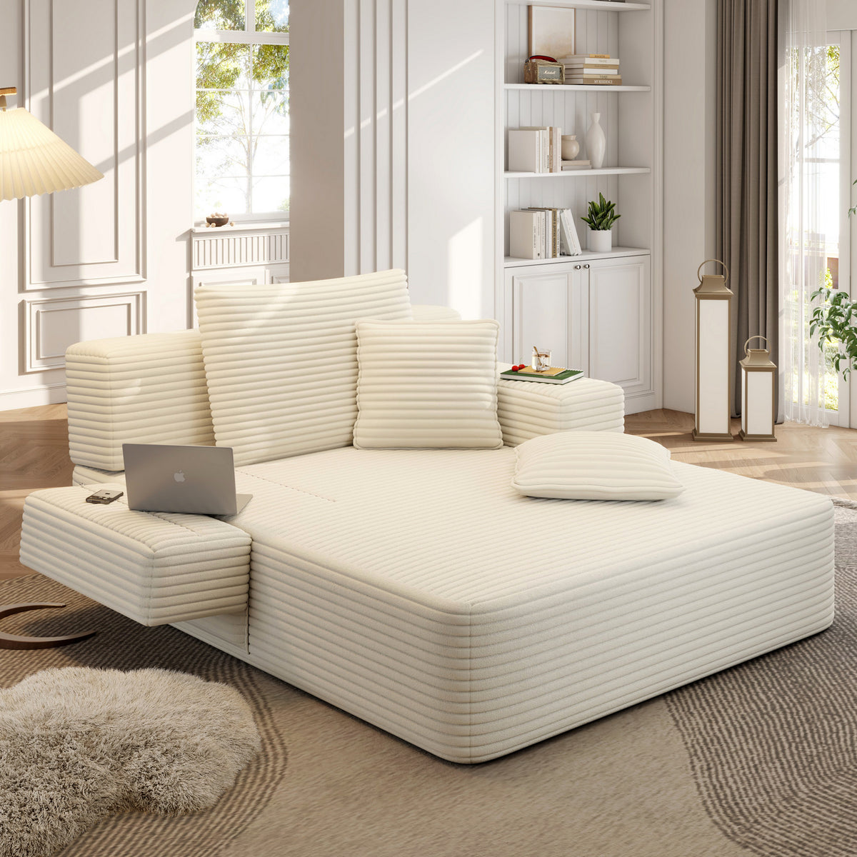 Oversized Plush Corduroy Chaise Lounge Sofa, Convertible Sleeper Couch Bed with Storage Pockets & 3 Pillows