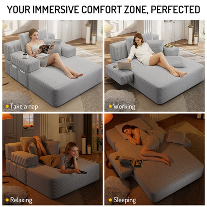 Oversized Plush Corduroy Chaise Lounge Sofa, Convertible Sleeper Couch Bed with Storage Pockets & 3 Pillows