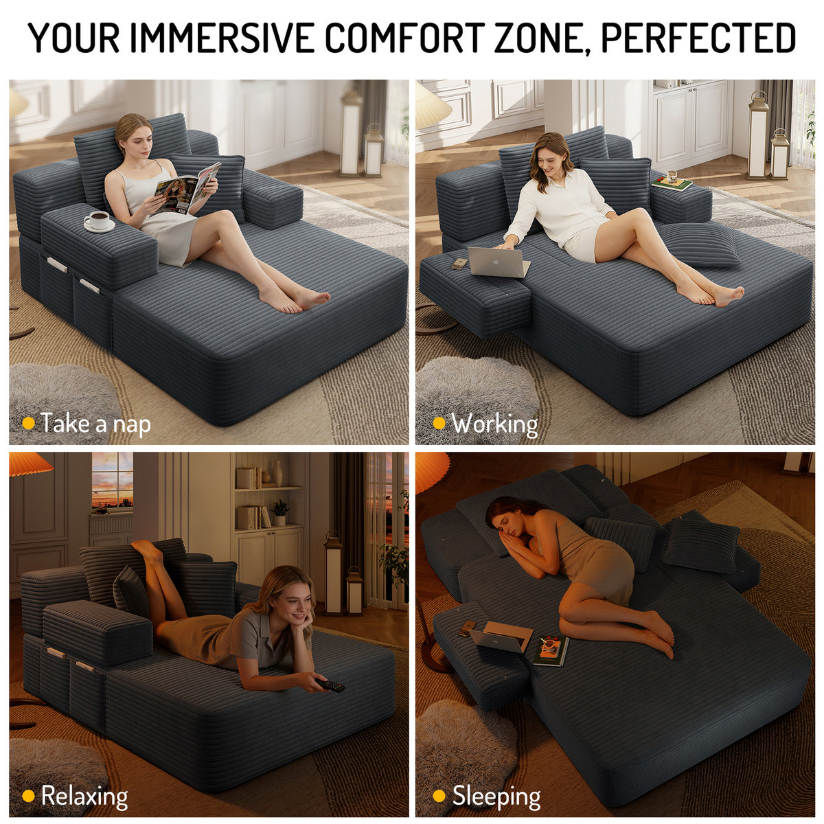 Oversized Plush Corduroy Chaise Lounge Sofa, Convertible Sleeper Couch Bed with Storage Pockets & 3 Pillows