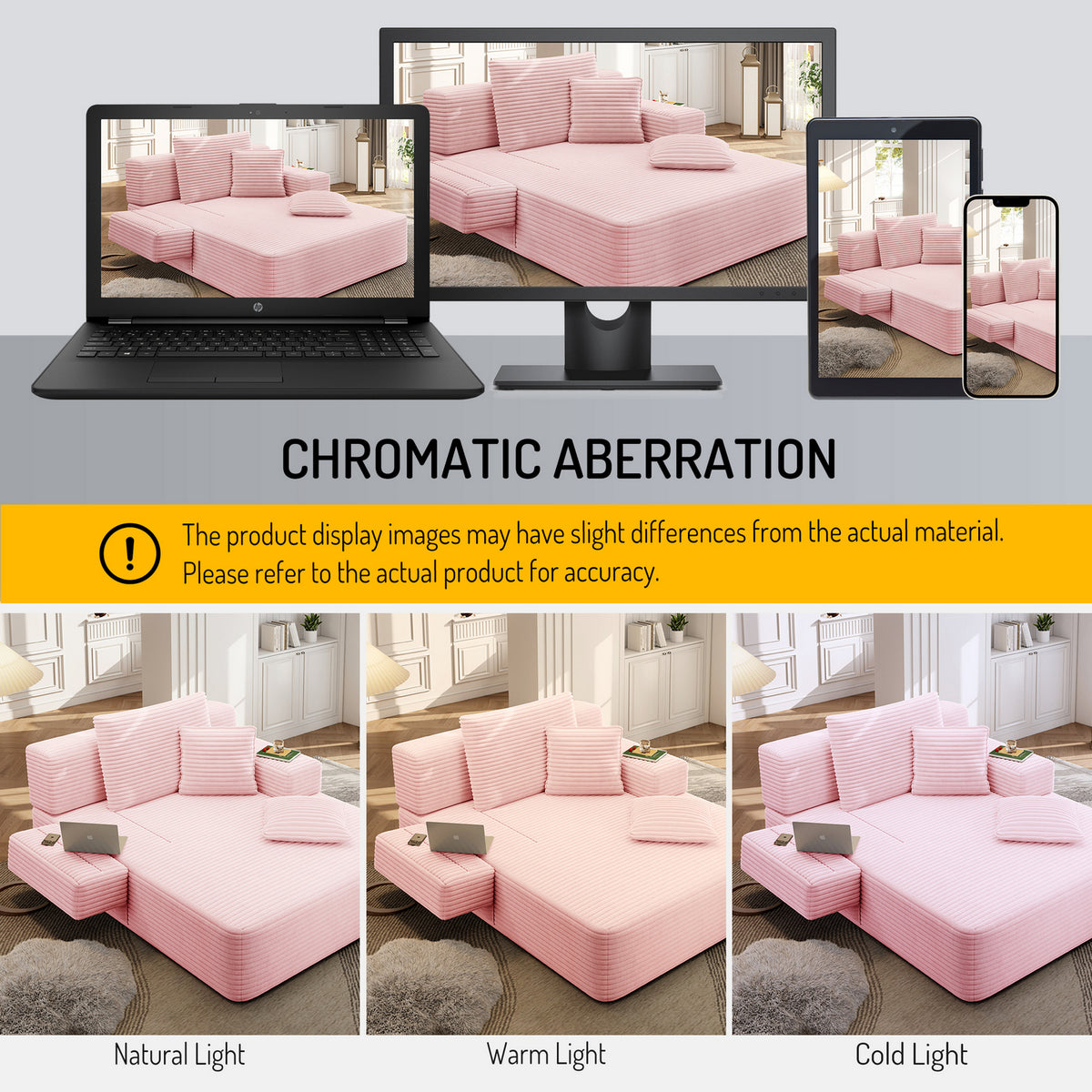 Oversized Plush Corduroy Chaise Lounge Sofa, Convertible Sleeper Couch Bed with Storage Pockets & 3 Pillows