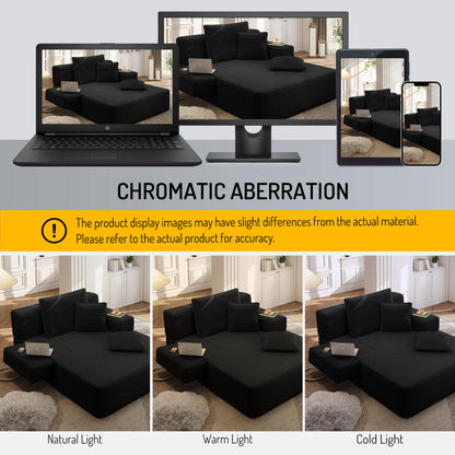 Oversized Plush Corduroy Chaise Lounge Sofa, Convertible Sleeper Couch Bed with Storage Pockets & 3 Pillows