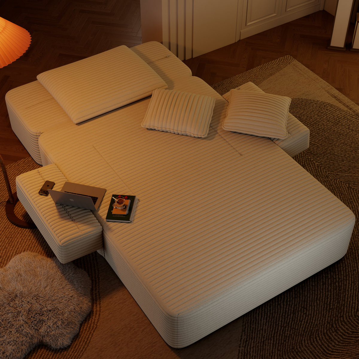 Oversized Plush Corduroy Chaise Lounge Sofa, Convertible Sleeper Couch Bed with Storage Pockets & 3 Pillows